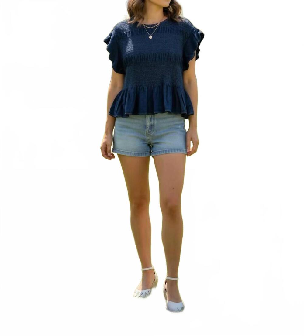 NEW UMGEE chambray scalloped sleeve smocked top in indigo